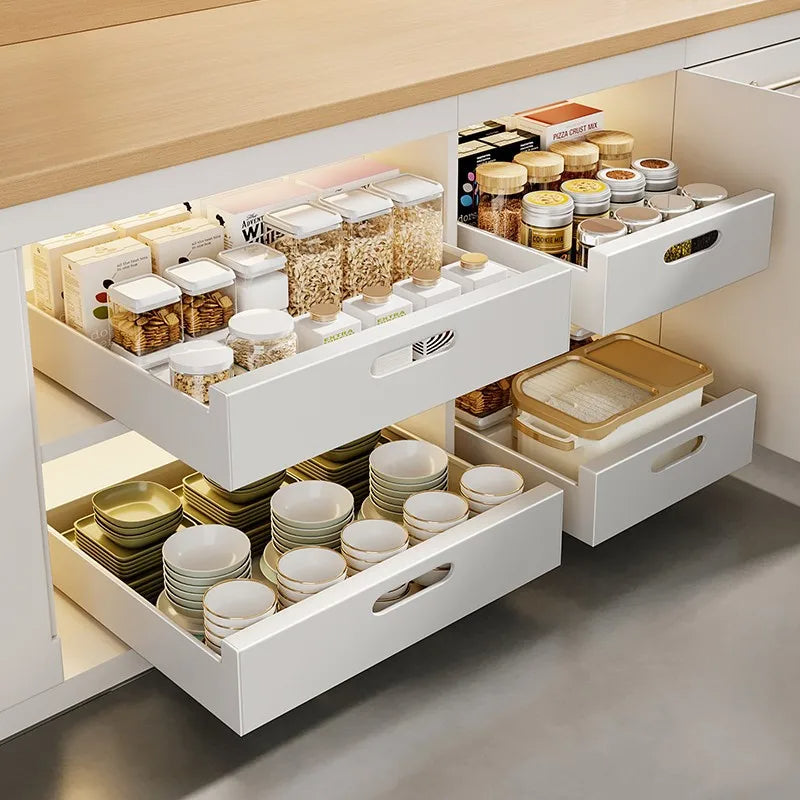 Kitchen Pull-out Drawer Dish Rack Kitchen Storage Sliding Bowls Dishes Drainer Storage Rack Sink Cabinet Tableware Organizer